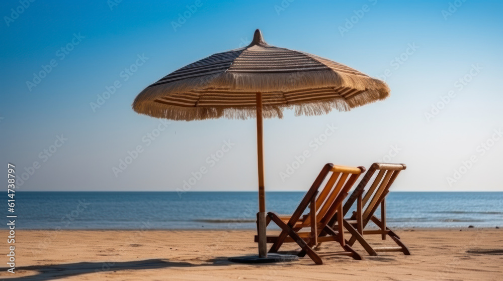 Summer, sun, waves, and cozy beach chairs under umbrella Generative AI