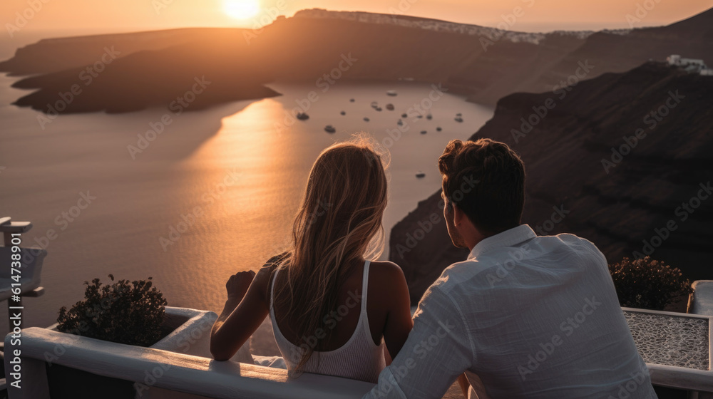 Young romantic couple watching the sunset on a terrace in Santorini. Generative AI