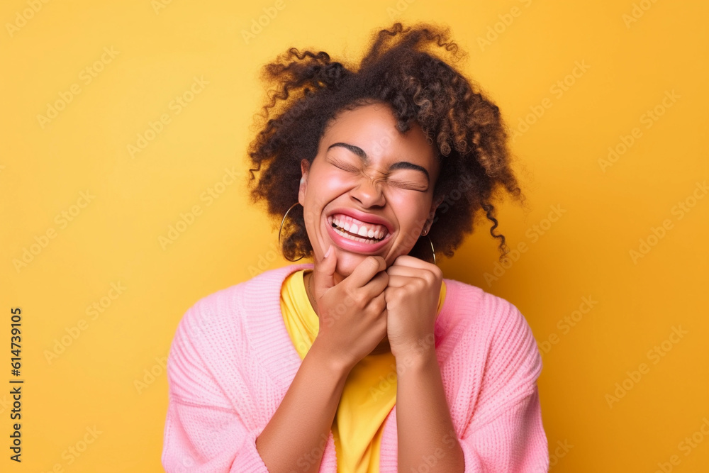 Young black female with curly hair in stylish clothes smiling while looking at camera. Yellow background Young black female with curly hair in stylish clothes smiling while looking at camera. Yellow background