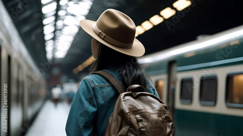 Woman in a hat at the train station, view from the back, generative AI.