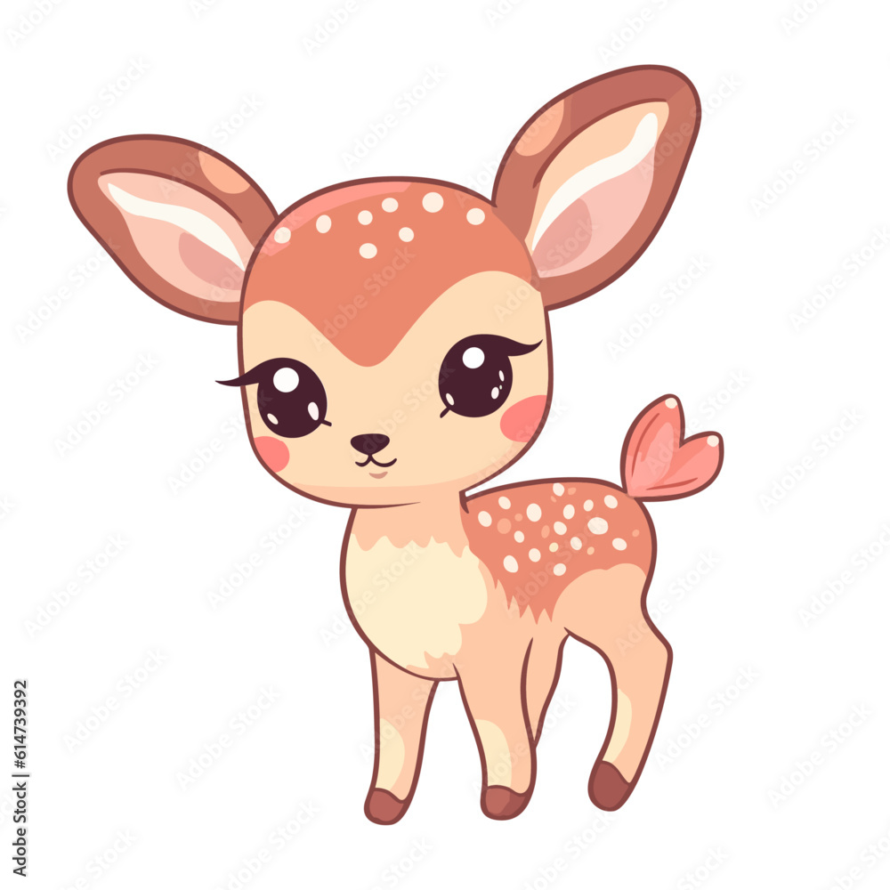 Cute adorable cute little baby deer character with big eyes Fawn sticker isolated on white background. Hand drawn cartoon vector illustration fairy animal kawaii chibi new year Cute adorable cute little baby deer character with big eyes Fawn sticker isolated on white background. Hand drawn cartoon vector illustration fairy animal kawaii chibi new year