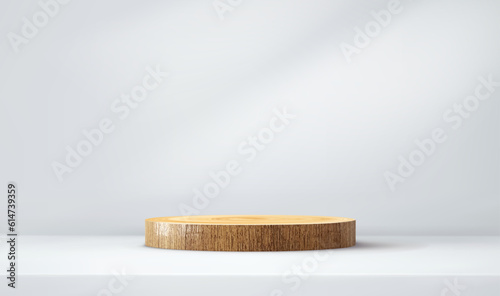 Wood stage podium on white background. Abstract light studio room with wooden stage display platform. 3d minimal nature scene for product presentation. Realistic vector illustration