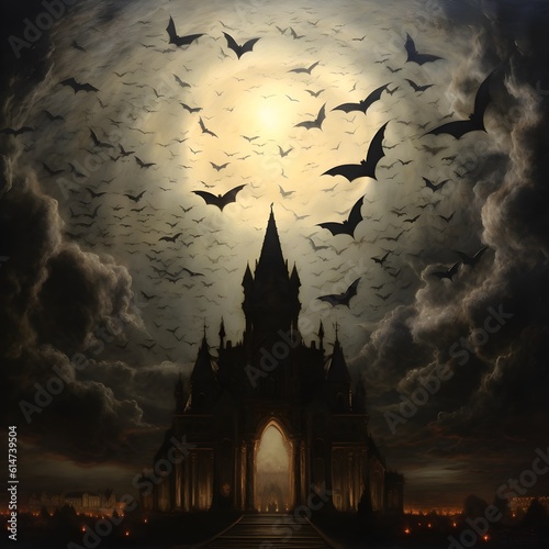 halloween kingdom night scene with flying bats