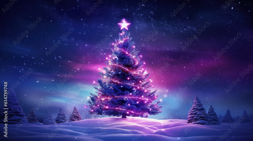 Solitary Christmas tree lit in purple and blue winter countryside with snow and stars above. Generative AI