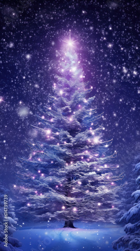 Illustrated illuminated Christmas tree in the snowy nature with white lights and dark blue surroundings. Generative AI