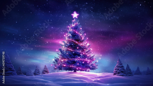 Solitary Christmas tree lit in purple and blue winter countryside with snow and stars above. Generative AI © weyo