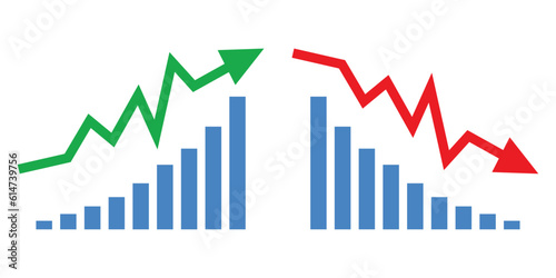 Graph going Up and Down with green and red arrows vector. Blue chart bar vector illustration concept of sales bar chart symbol icon with arrow moving down and sales bar chart with arrow moving up.