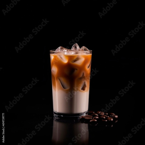 Iced latte in a glass on black background created with Generative AI technology