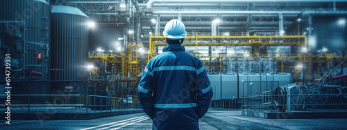 Industrial worker with a hard hat and jacket stand with his back to the camera in the factory. Generative AI