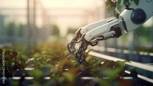 Close up shot of a robotic arm in action, tech agriculture farm, Ai generated technology