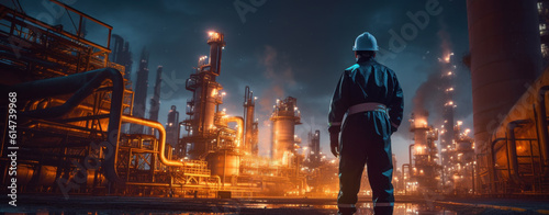 Chemical refinery lit at night with a foreman overssing it with his back to the camera. Generative AI