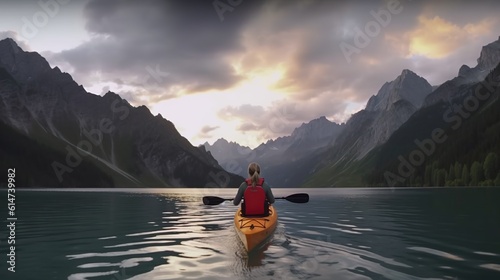 Back view of woman kayaking in crystal lake near alps mountains made with Ai generated technology, Person is fictional