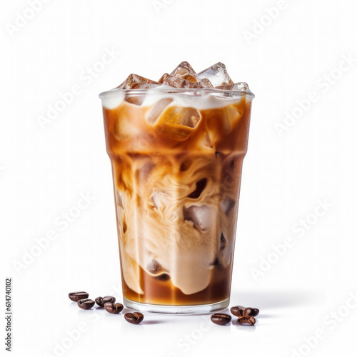 High glass with iced coffee with milk and espresso on an isolated background. Generative AI