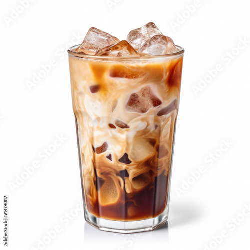 Coffee infuses into a cup filled with ice cubes and milk to form iced latte, or macchiato on an isolated white background. Generative AI
