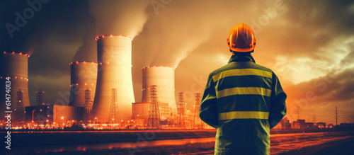Worker in safety jacket and helmet looks at the nuclear power plant with steaming cooling towers. Generative AI