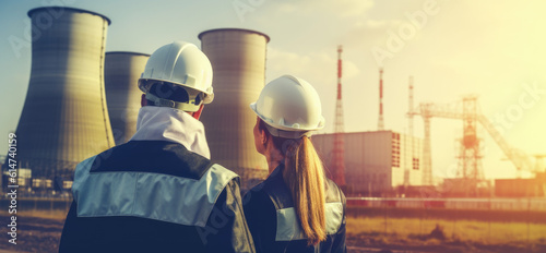 Male and female nuclear plant construction workers oversee the project building. Goenerative AI