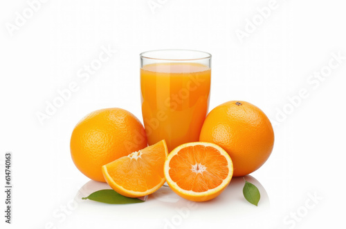 Fresh oranges and a cup of orange juice on an isolated white background. Generative AI