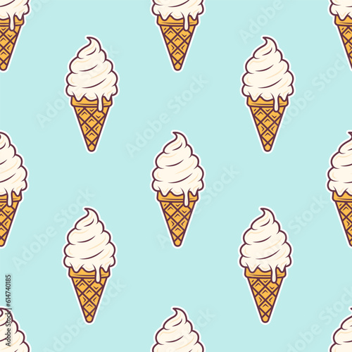 Creamy ice cream cone seamless pattern cartoon style. Vector illustration isolated on blue background