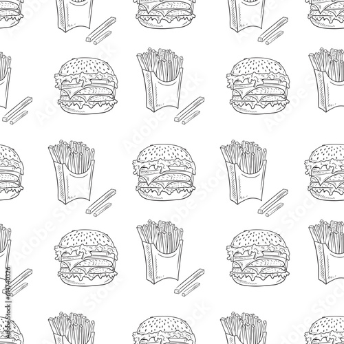 Seamless pattern with french fries and cheese burger in black isolated on white background. Hand drawn vector sketch illustration in engraved vintage style. Menum delivery, fast food, cafe restaurant