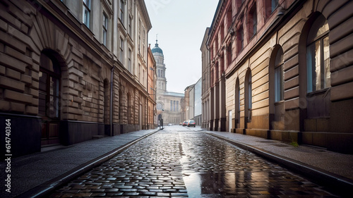 Slika na platnu Stone paved road on a deserted city street.