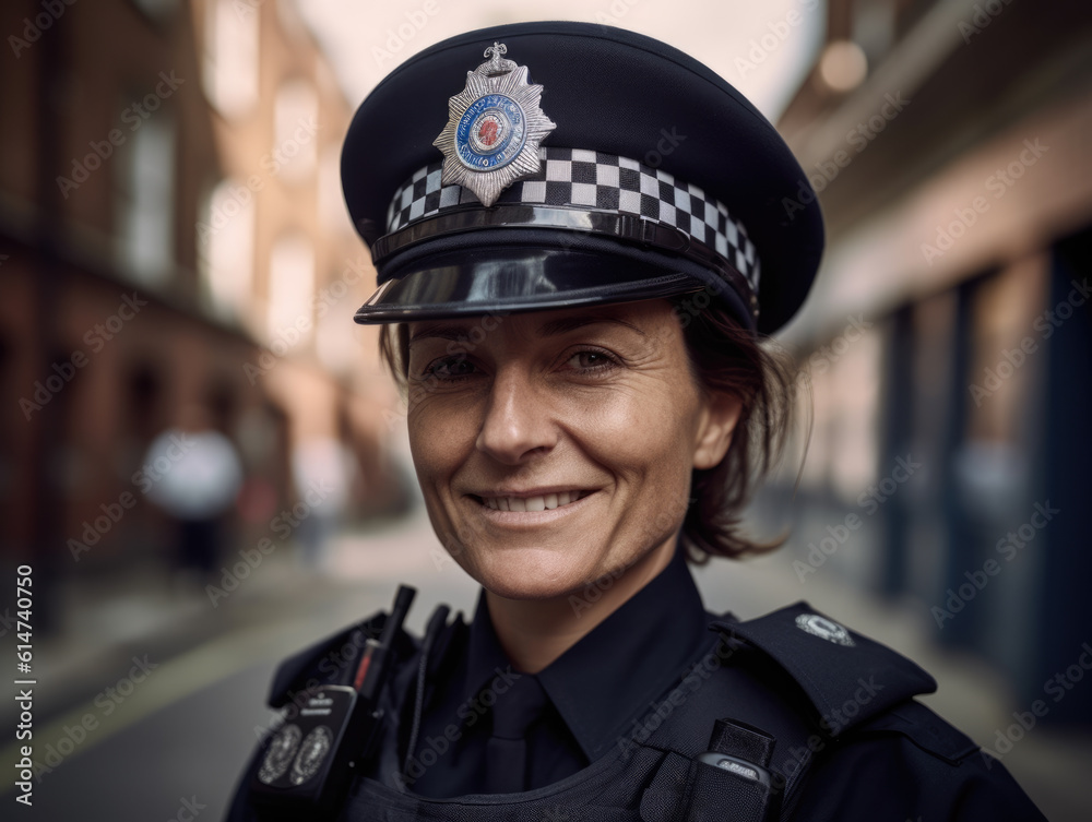 portrait of a confident London police woman officer smiling at the camera at the entrance to her police station. Generative AI portrait of a confident London police woman officer smiling at the camera at the entrance to her police station. Generative AI