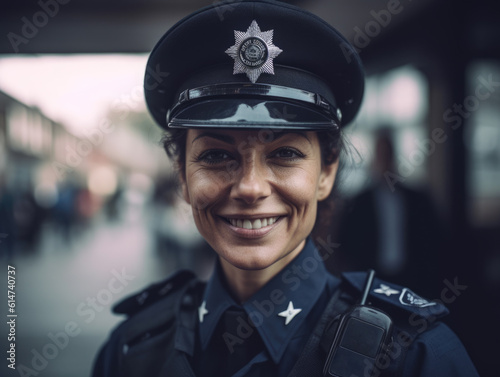portrait of a confident London police woman officer smiling at the camera at the entrance to her police station. Generative AI