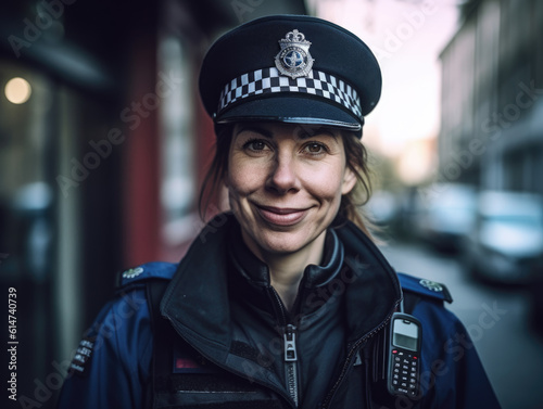 portrait of a confident London police woman officer smiling at the camera at the entrance to her police station. Generative AI