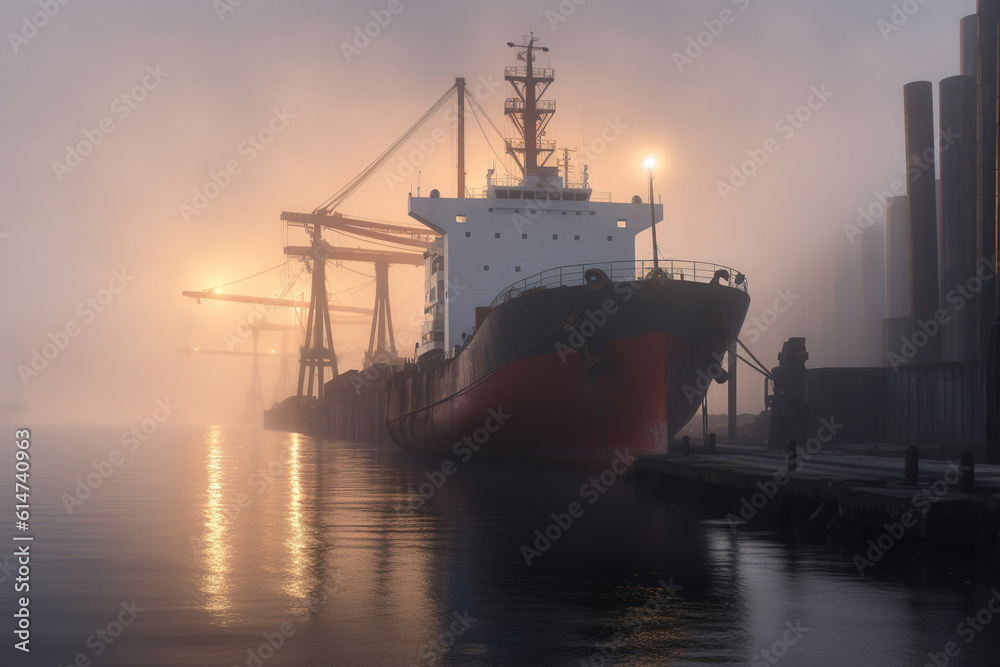 Cargo ship in the port in foggy morning. Overcast weather.