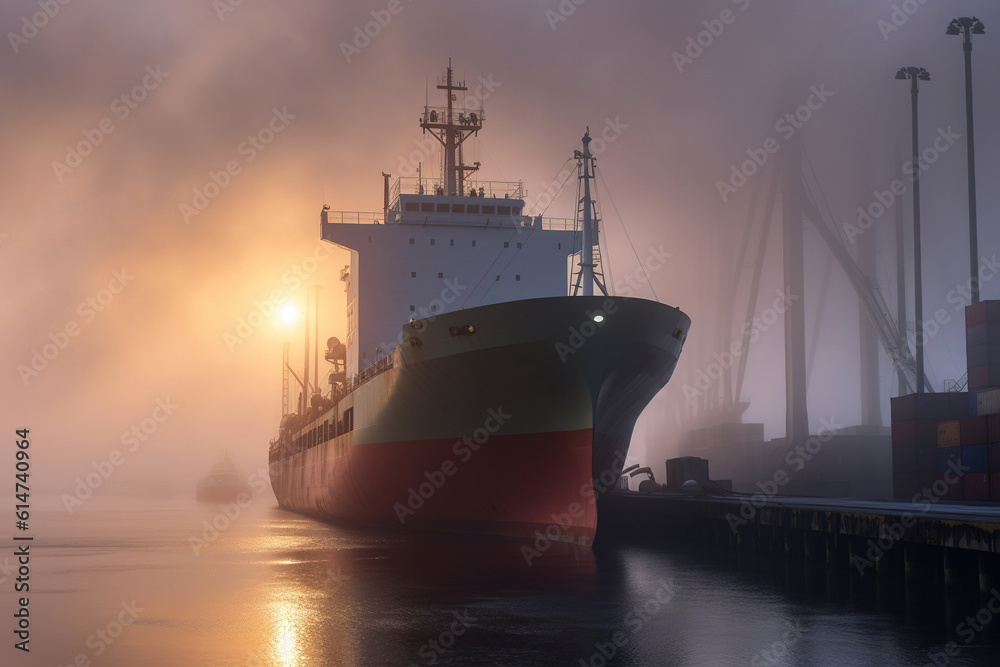 Cargo ship in the port in foggy morning. Overcast weather.