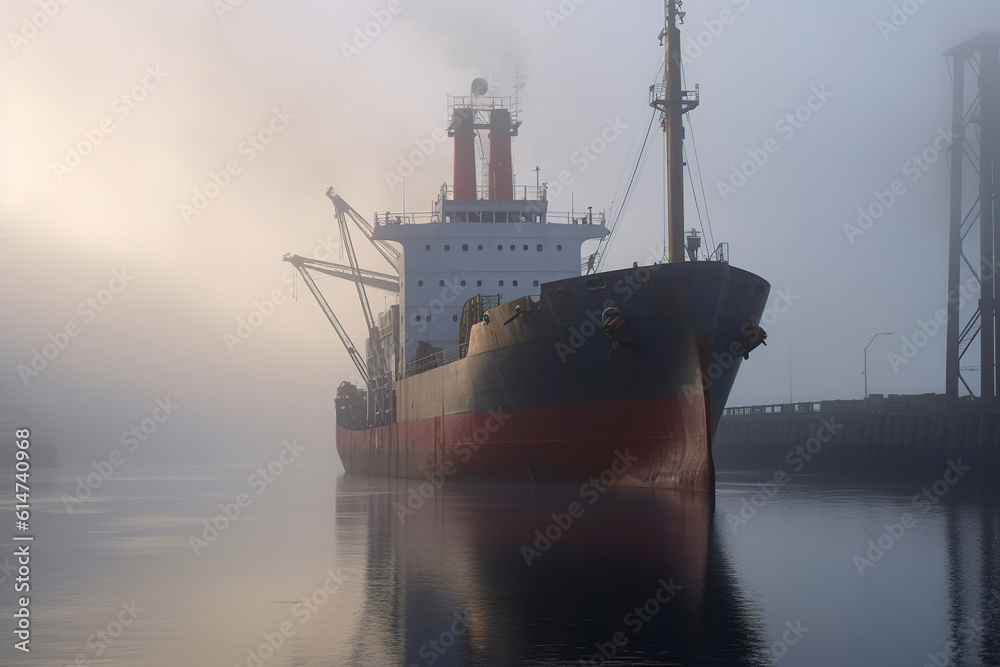 Fototapeta premium Cargo ship in the port in foggy morning. Overcast weather.