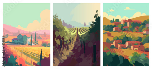 Vineyard farm village landscape flat colors posters. Vector illustration for social, banner or card.