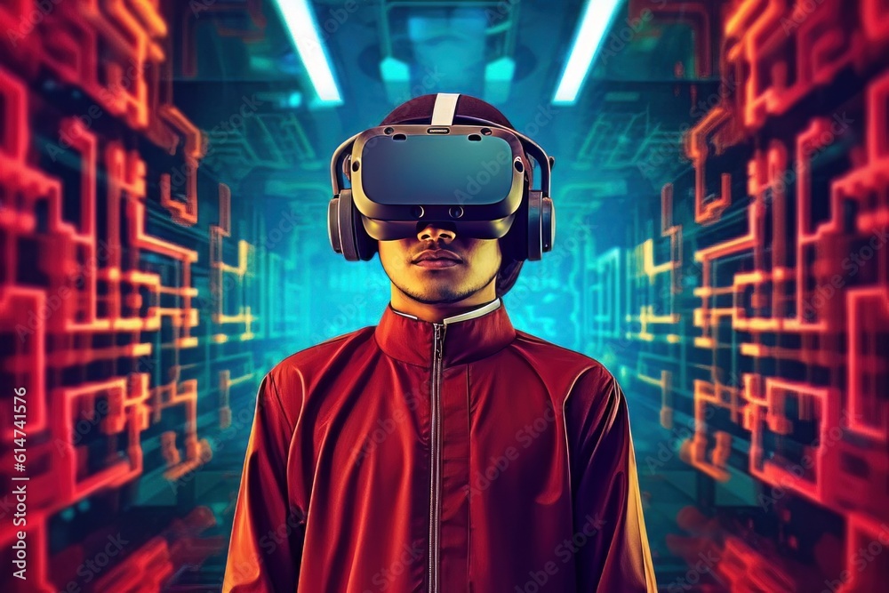 Face of modern Muslim man with beard wearing virtual reality glasses in cyber space AI Face of modern Muslim man with beard wearing virtual reality glasses in cyber space AI