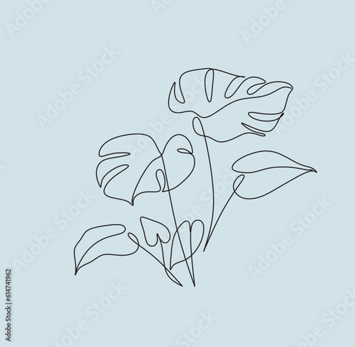 Exotic monstera continuous one line drawing summer tropical leaf hand drawn on white background minimalist design. Monstera leaf Minimal Line Style. Continuous One Line drawing Abstract Vector