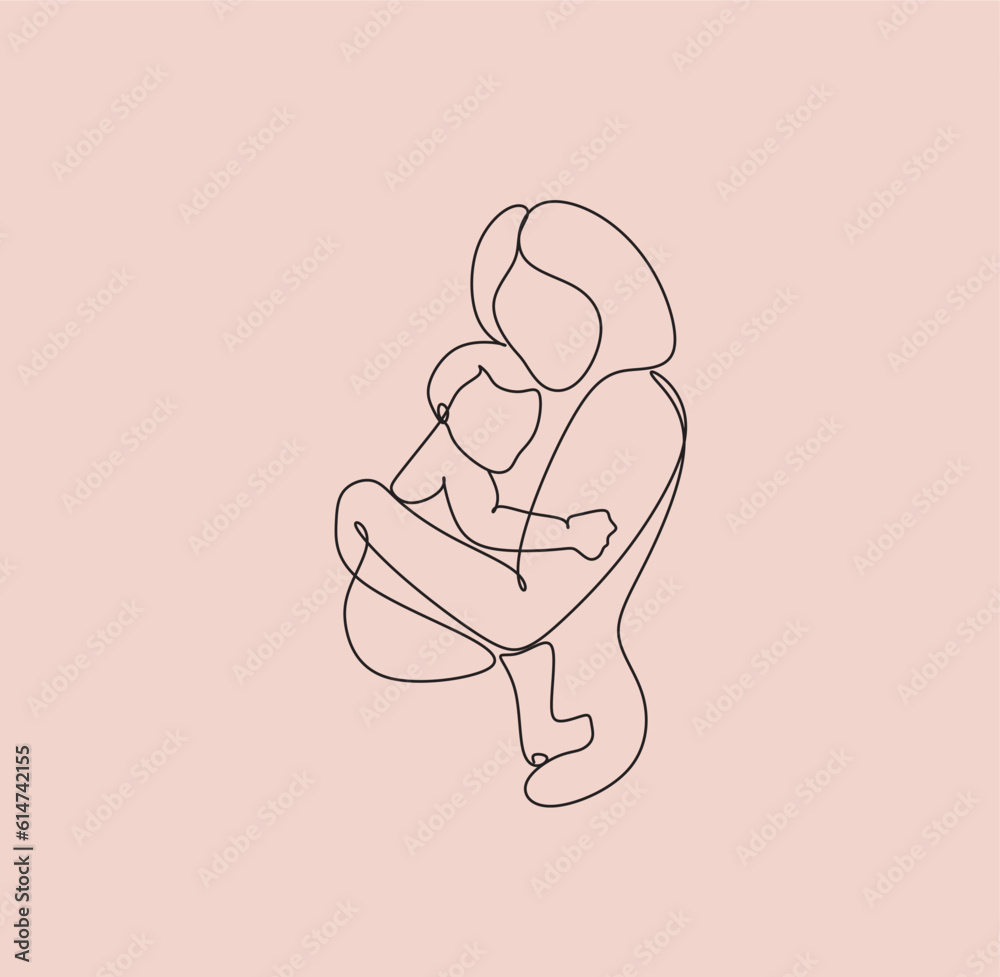 Abstract motherhood continuous line art. Young mom hugging her baby. Hand drawn illustration for Happy International Mother's Day card, loving family, parenthood childhood concept Abstract motherhood continuous line art. Young mom hugging her baby. Hand drawn illustration for Happy International Mother's Day card, loving family, parenthood childhood concept