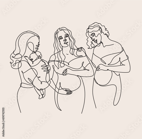 Maternity concept line art illustration. Pregnant women, woman with a newborn baby. Motherhood, maternity, hand drawn style vector illustrations.