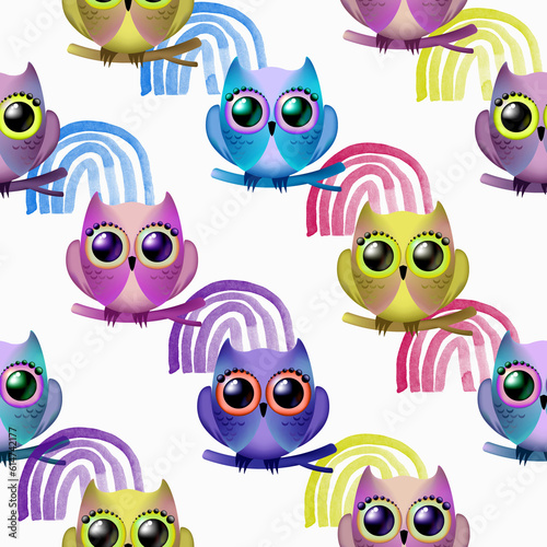 Seamless pattern of owls and rainbows on a white background. Bright colorful birds. The bird pattern is made in a flat style. Colorful funny cartoon.