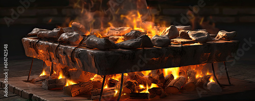 Burning wood briquettes on the grill. generative ai