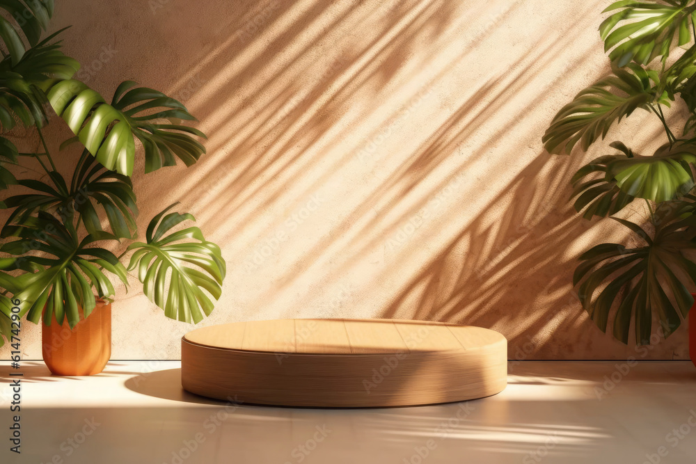 Empty wooden podium on the background of tropical leaves and wall with shadows.Premium class podium,showcase.The background can be used for mounting, presentation your products.Generative AI Empty wooden podium on the background of tropical leaves and wall with shadows.Premium class podium,showcase.The background can be used for mounting, presentation your products.Generative AI