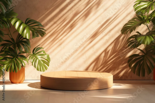 Empty wooden podium on the background of tropical leaves and wall with shadows.Premium class podium,showcase.The background can be used for mounting, presentation your products.Generative AI