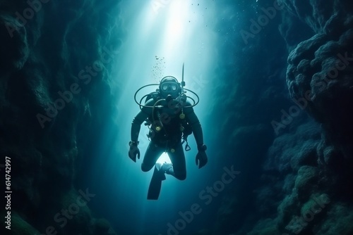 Deep Sea Diving: Scuba Diver Exploring the Depths, Generative AI © Flowstudio