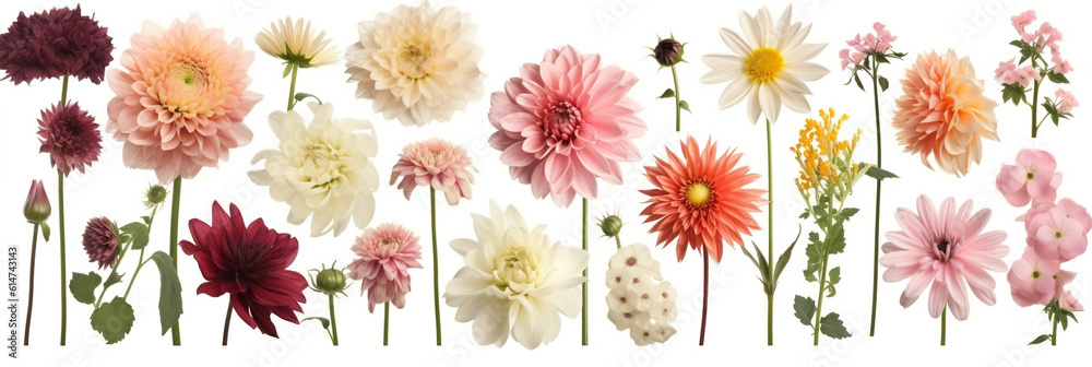 Set of different beautiful flowers isolated on white background, Generative AI
