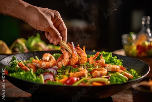 The freshness and vibrancy of a summer salad as a professional chef tosses a mix of colorful vegetables and juicy prawns in a large bowl. Generative AI