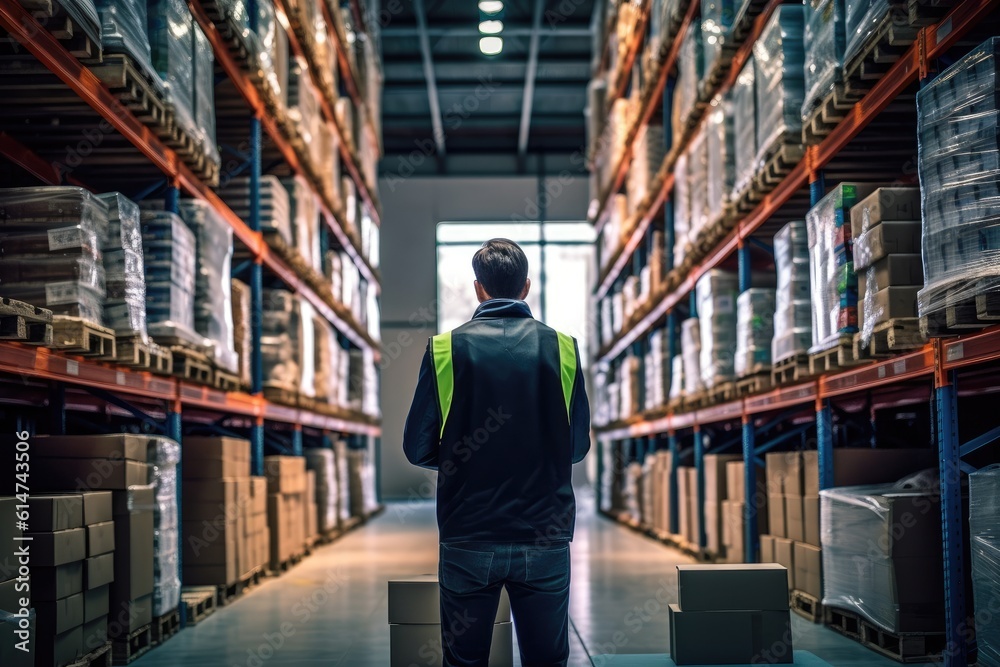 The expertise and supervision of a warehouse manager with a back view shot of a specialist working inside a storage facility. Generative AI