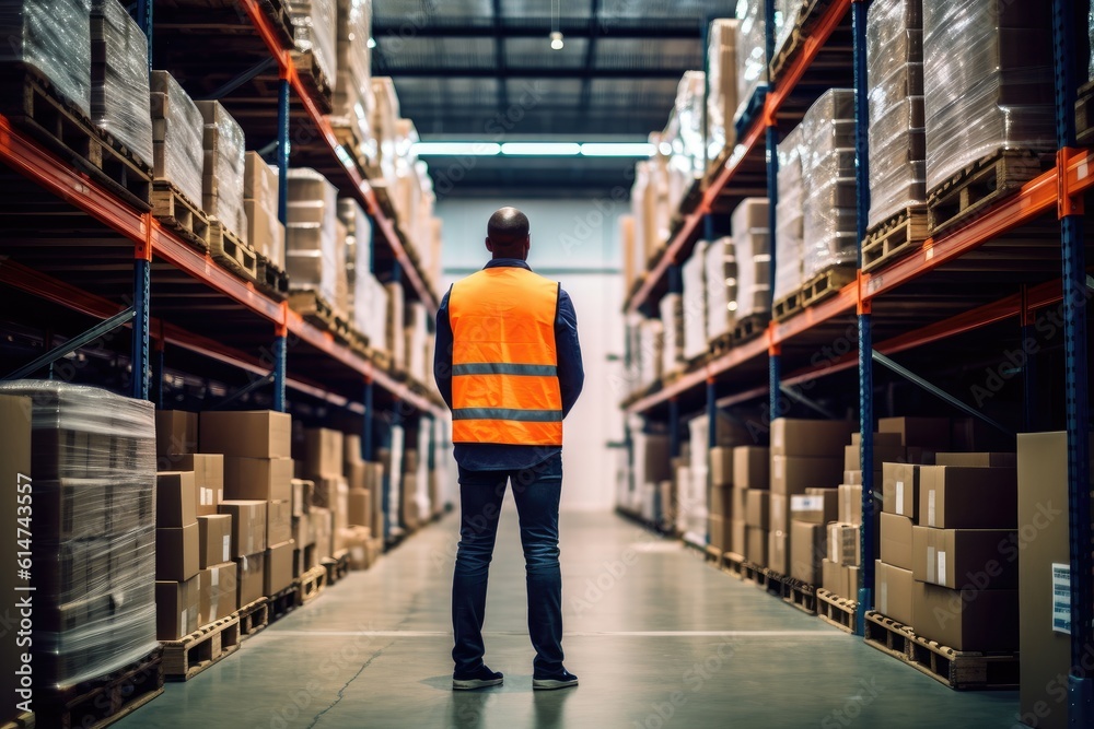 The expertise and supervision of a warehouse manager with a back view shot of a specialist working inside a storage facility. Generative AI The expertise and supervision of a warehouse manager with a back view shot of a specialist working inside a storage facility. Generative AI