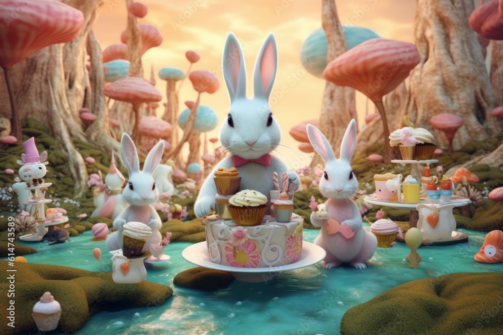 An whimsical image showcasing a bunny hosting a magical tea party in an Easter-themed wonderland, complete with festive treats, pastel-colored teacups, and joyful companions. 3d render. Generative AI
