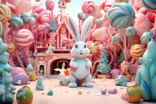 A bunny in a whimsical wonderland filled with giant Easter eggs  candy-filled trees  and a magical Easter-themed carousel. 3d render. Generative AI