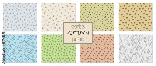 Collection of colorful seamless autumn delicate patterns. Hand drawn cartoon design. Nature endless drawing backgrounds. Textile minimalistic prints