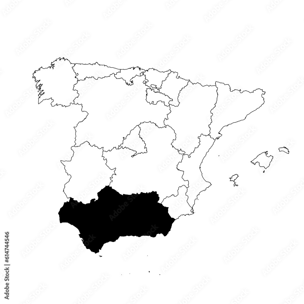 Vector map of the province of Andalucía highlighted highlighted in black on the map of Spain.