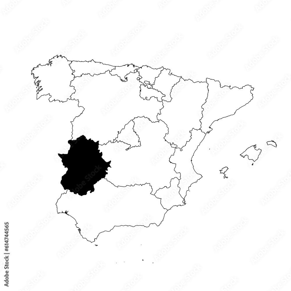 Vector map of the province of Extremadura highlighted highlighted in black on the map of Spain.