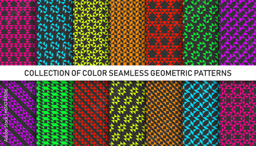 Collection of vector decorative seamless geometric patterns. Fabric bright textures. Abstract repeatable backgrounds